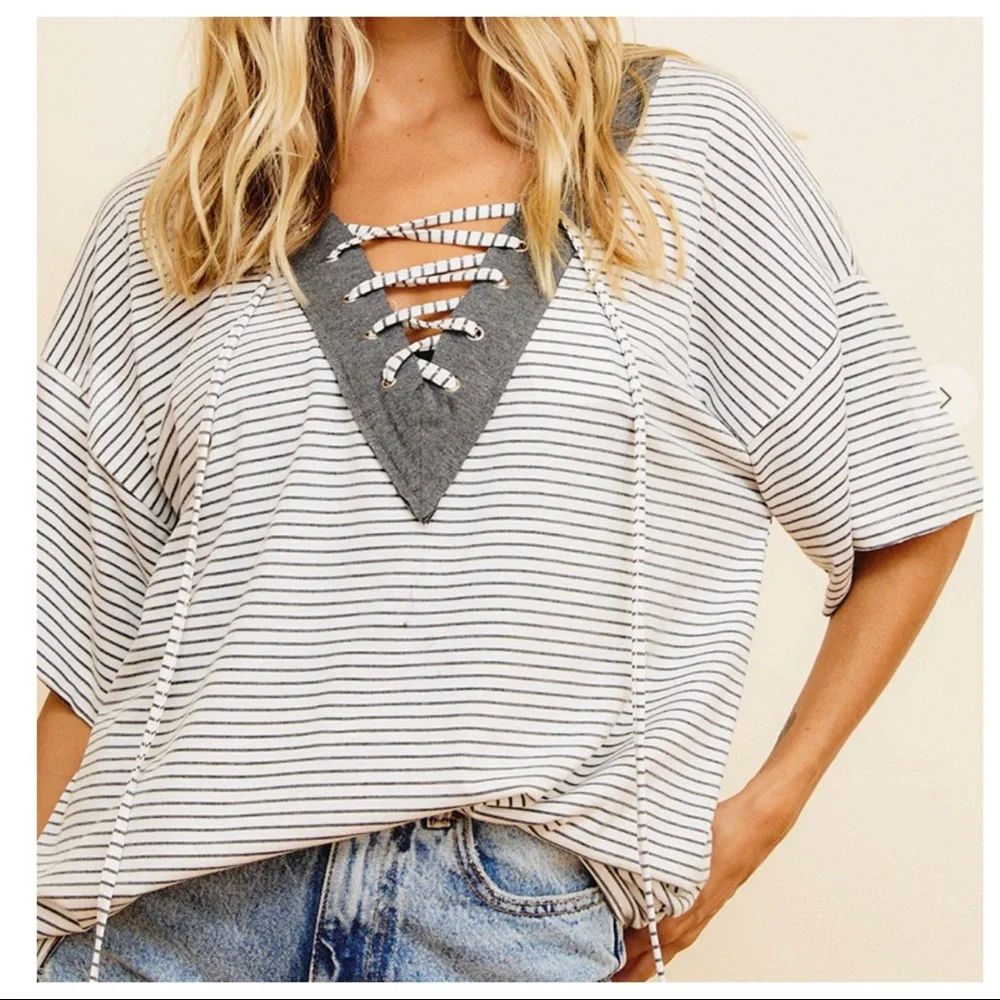 #15 Jamie Lace Up Unique Striped Top - Picture 6 of 6